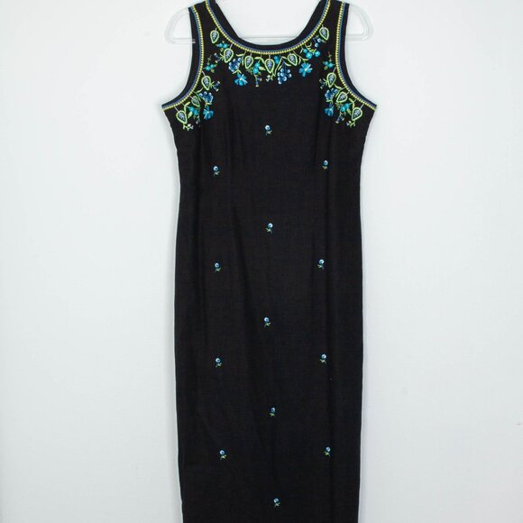 Vintage Megan Lee Womens Floral Embroidered Linen Blend Maxi Dress Size 12 Black - Picture 1 of 10